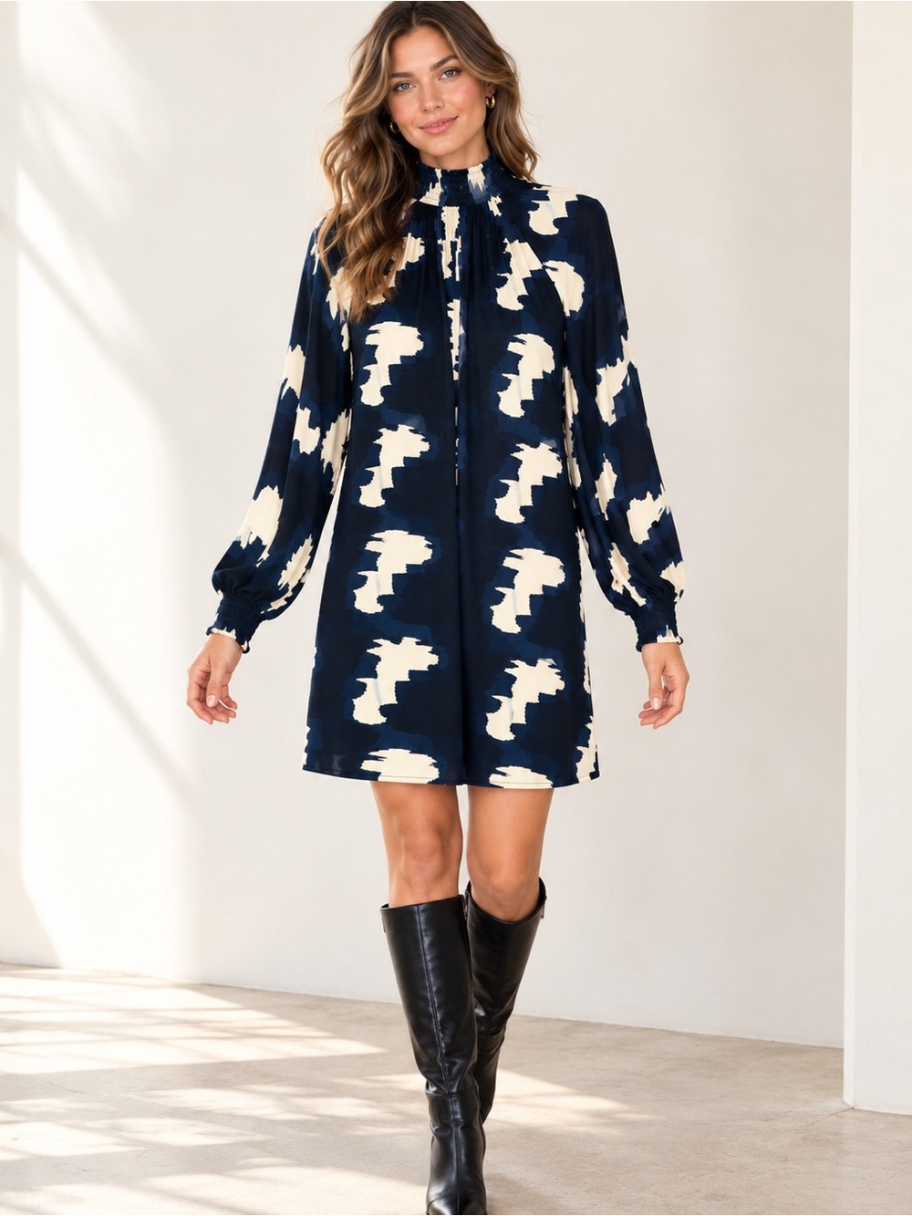Bel Kazan Abstract Mini Dress XS Smocked Mock Neck Artsy Boho Statement Print